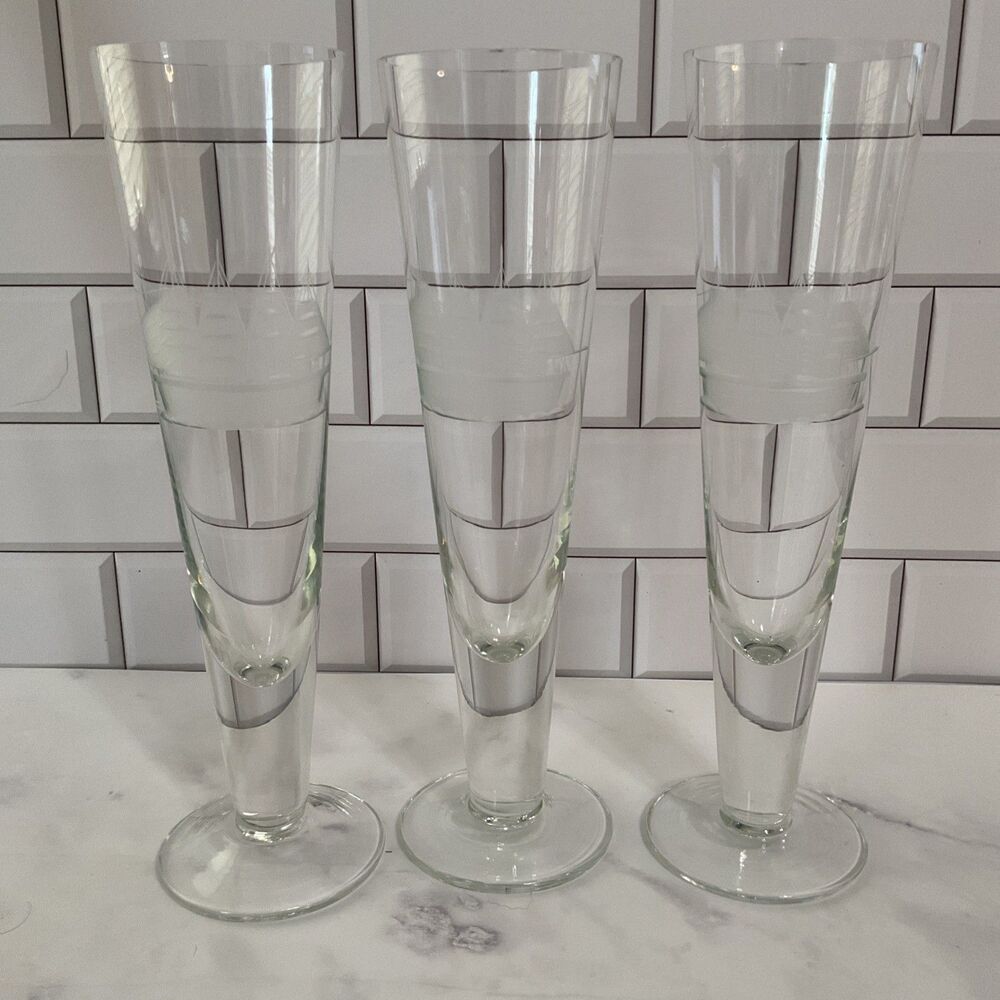 Set of 3 Toscany Pilsner 10” Glasses with Sailboat Etching